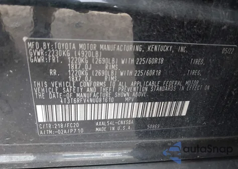 2022 Toyota Rav4 Hybrid Se из США, поврежденный, VIN 4T3T6RFV4NU081610